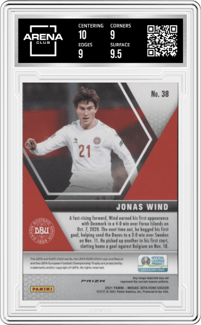 Jonas Wind from the 2020-21 Mosaic UEFA Euro 2020
 set featuring a Silver Mosaic parallel graded by Arena Club and given an overall grade of 9.5.