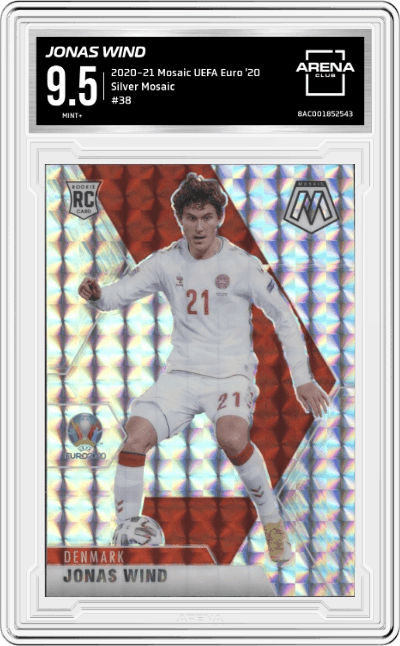 Jonas Wind from the 2020-21 Mosaic UEFA Euro 2020
 set featuring a Silver Mosaic parallel graded by Arena Club and given an overall grade of 9.5.