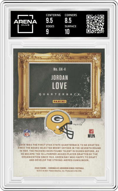 Jordan Love from the 2020 Panini Chronicles set graded by Arena Club and given an overall grade of 9.