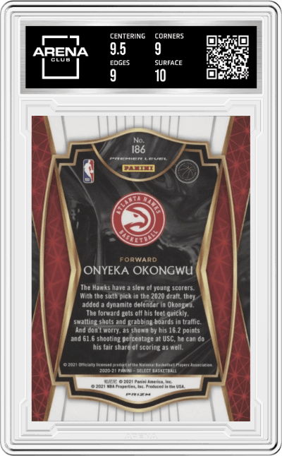 Onyeka Okongwu from the 2020-21 Panini Select  set featuring a Blue Retail parallel graded by Arena Club and given an overall grade of 9.5.