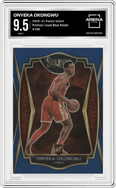 Onyeka Okongwu from the 2020-21 Panini Select  set featuring a Blue Retail parallel graded by Arena Club and given an overall grade of 9.5.