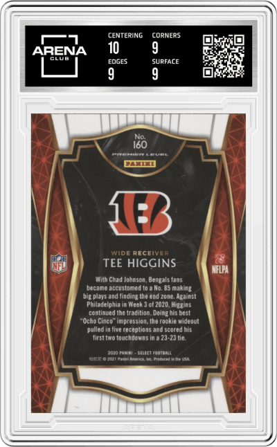 Tee Higgins from the 2020 Panini Select set graded by Arena Club and given an overall grade of 9.5.