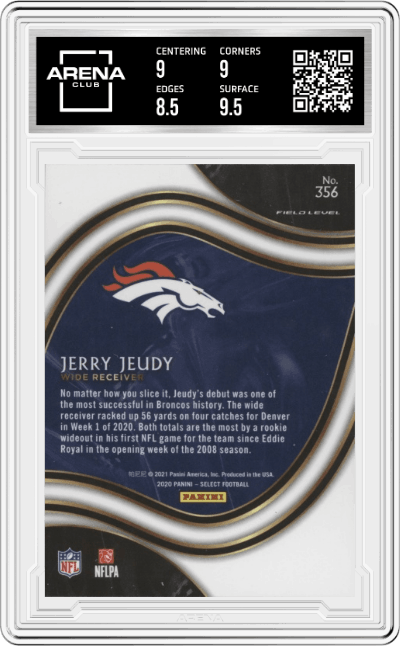 Jerry Jeudy from the 2020 Panini Select set graded by Arena Club and given an overall grade of 9.