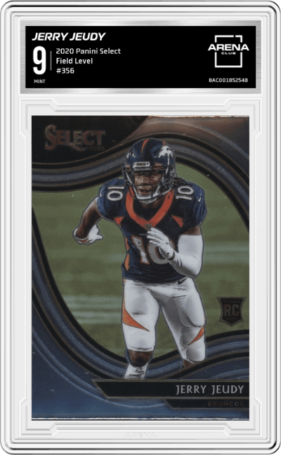 Jerry Jeudy from the 2020 Panini Select set graded by Arena Club and given an overall grade of 9.