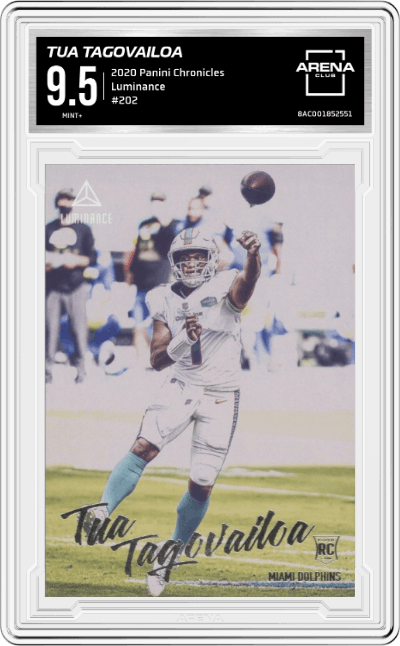 Tua Tagovailoa from the 2020 Panini Chronicles set graded by Arena Club and given an overall grade of 9.5.