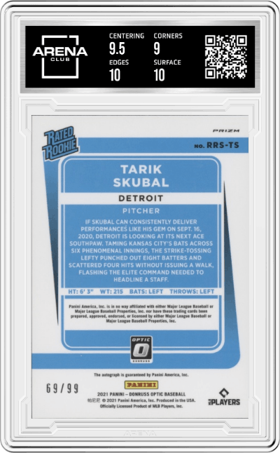 Tarik Skubal from the 2021 Panini Donruss Optic set featuring a Red Mojo parallel graded by Arena Club and given an overall grade of 9.5.