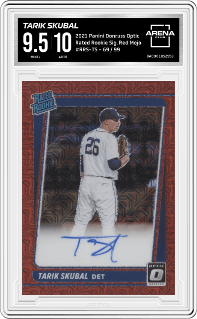 Tarik Skubal from the 2021 Panini Donruss Optic set featuring a Red Mojo parallel graded by Arena Club and given an overall grade of 9.5.