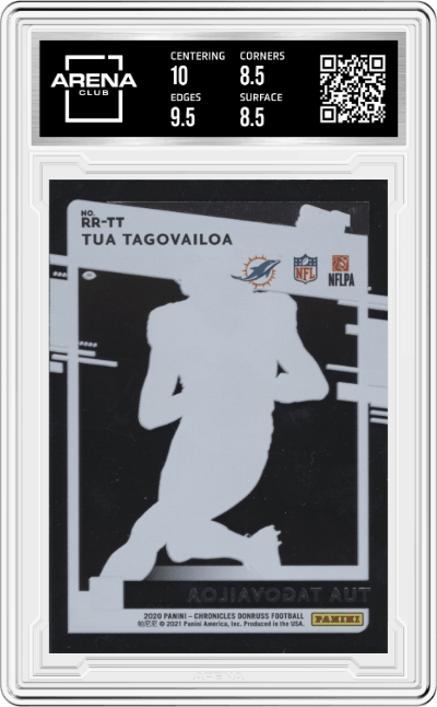 Tua Tagovailoa from the 2020 Panini Chronicles set graded by Arena Club and given an overall grade of 9.