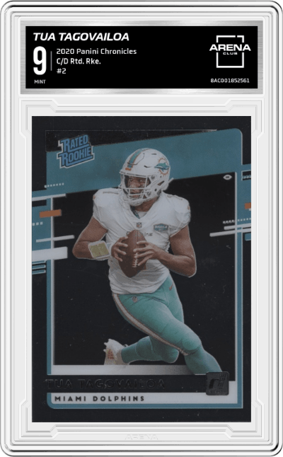 Tua Tagovailoa from the 2020 Panini Chronicles set graded by Arena Club and given an overall grade of 9.