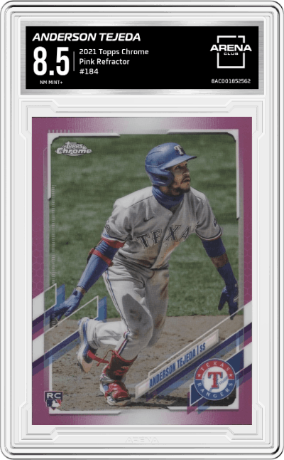 Anderson Tejeda from the 2021 Topps Chrome set featuring a Pink Refractor  parallel graded by Arena Club and given an overall grade of 8.5.