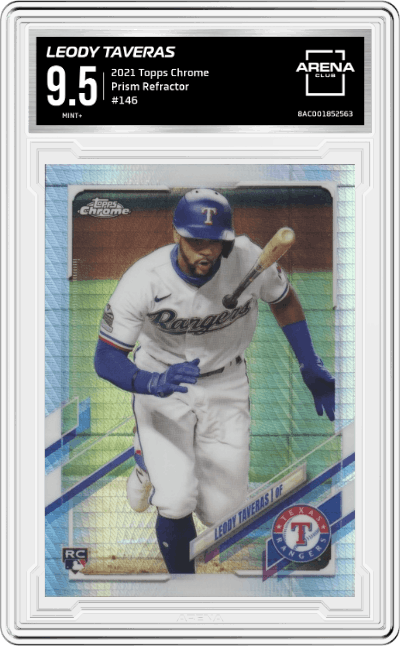 Leody Taveras from the 2021 Topps Chrome set featuring a Prism Refractor parallel graded by Arena Club and given an overall grade of 9.5.