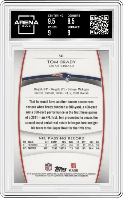Tom Brady from the 2012 Topps Platinum set graded by Arena Club and given an overall grade of 9.