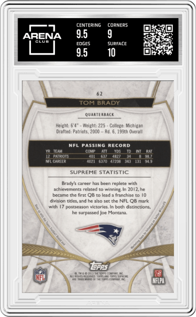 Tom Brady from the 2013 Topps Supreme set featuring a Violet parallel graded by Arena Club and given an overall grade of 9.5.