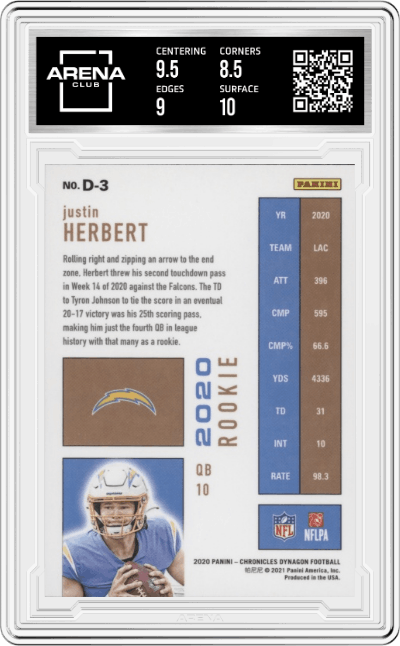 Justin Herbert from the 2020 Panini Chronicles set graded by Arena Club and given an overall grade of 9.