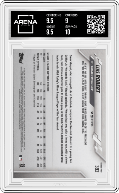 Luis Robert from the 2020 Topps set graded by Arena Club and given an overall grade of 9.5.