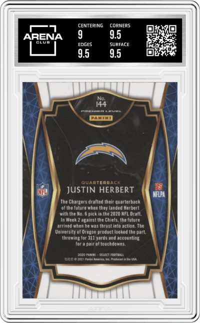 Justin Herbert from the 2020 Panini Select set graded by Arena Club and given an overall grade of 9.5.