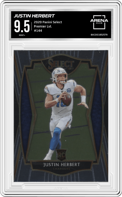 Justin Herbert from the 2020 Panini Select set graded by Arena Club and given an overall grade of 9.5.