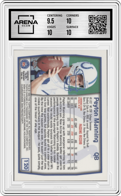 Peyton Manning from the 1999 Topps Chrome set graded by Arena Club and given an overall grade of 10.