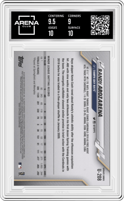 Randy Arozarena from the 2020 Topps Update  set featuring a Yellow parallel graded by Arena Club and given an overall grade of 9.5.