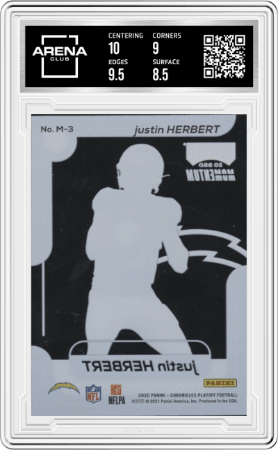 Justin Herbert from the 2020 Panini Chronicles set graded by Arena Club and given an overall grade of 9.