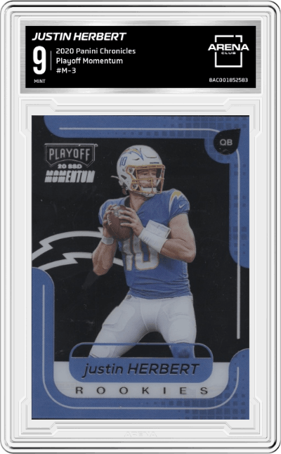 Justin Herbert from the 2020 Panini Chronicles set graded by Arena Club and given an overall grade of 9.