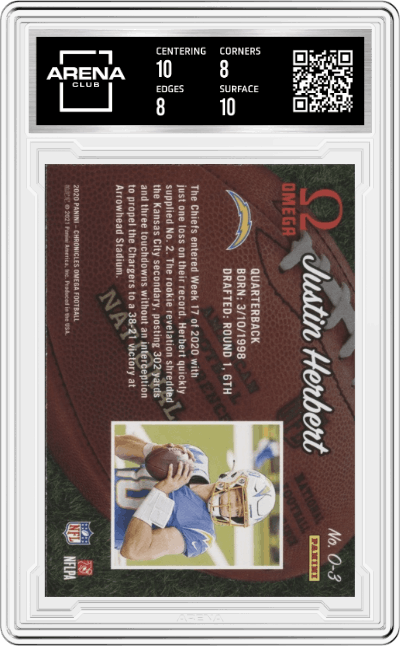 Justin Herbert from the 2020 Panini Chronicles set graded by Arena Club and given an overall grade of 8.5.