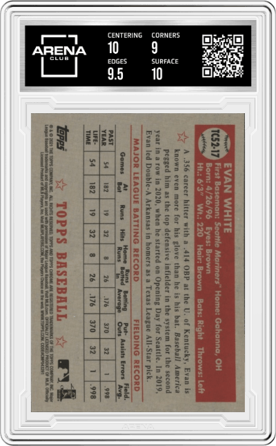 Evan White from the 2021 Topps  set graded by Arena Club and given an overall grade of 9.5.