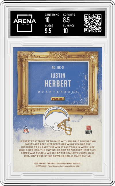 Justin Herbert from the 2020 Panini Chronicles set graded by Arena Club and given an overall grade of 9.