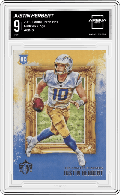 Justin Herbert from the 2020 Panini Chronicles set graded by Arena Club and given an overall grade of 9.