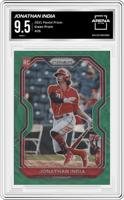 Jonathan India from the 2021 Panini Prizm set featuring a Green Prizm  parallel graded by Arena Club and given an overall grade of 9.5.