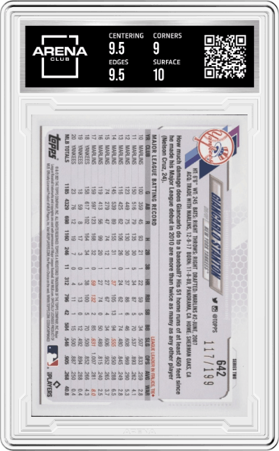Giancarlo Stanton from the 2021 Topps Series 2 set featuring a Red Foil parallel graded by Arena Club and given an overall grade of 9.5.