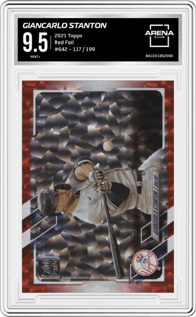 Giancarlo Stanton from the 2021 Topps Series 2 set featuring a Red Foil parallel graded by Arena Club and given an overall grade of 9.5.