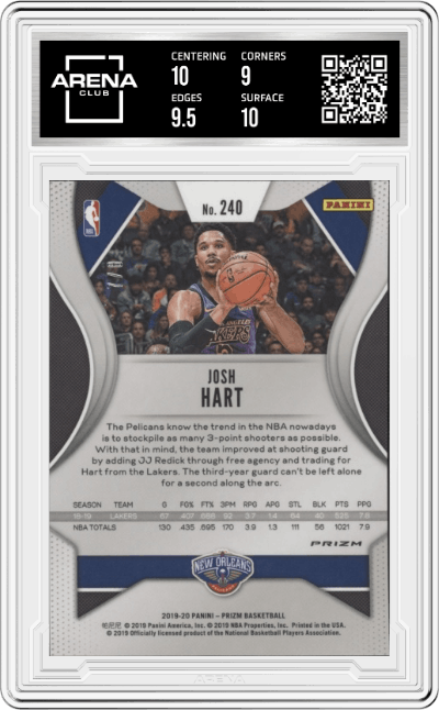Josh Hart from the 2019-20 Panini Prizm set featuring a Choice Green Prizm parallel graded by Arena Club and given an overall grade of 9.5.