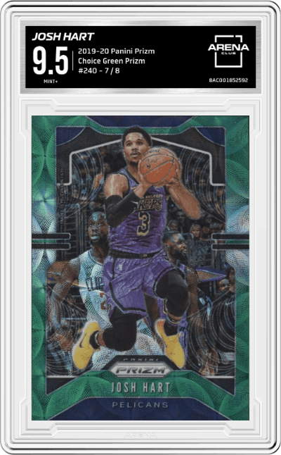 Josh Hart from the 2019-20 Panini Prizm set featuring a Choice Green Prizm parallel graded by Arena Club and given an overall grade of 9.5.