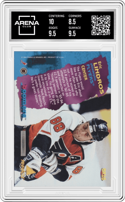 Eric Lindros from the 1994-95 Pinnacle set graded by Arena Club and given an overall grade of 9.