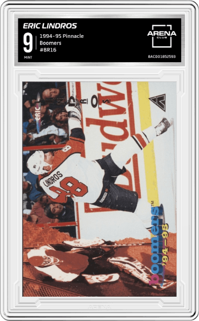 Eric Lindros from the 1994-95 Pinnacle set graded by Arena Club and given an overall grade of 9.