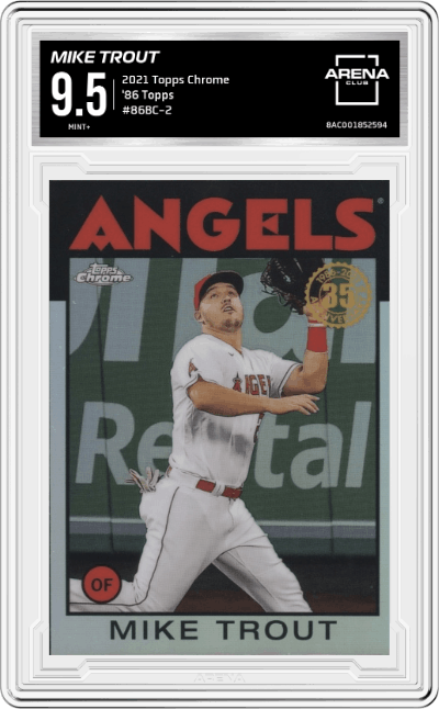 Mike Trout from the 2021 Topps Chrome set graded by Arena Club and given an overall grade of 9.5.