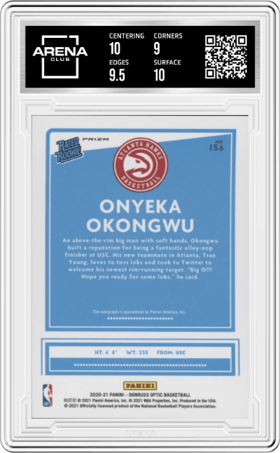 Onyeka Okongwu from the 2020-21 Panini Donruss Optic set featuring a Holo parallel graded by Arena Club and given an overall grade of 9.5.