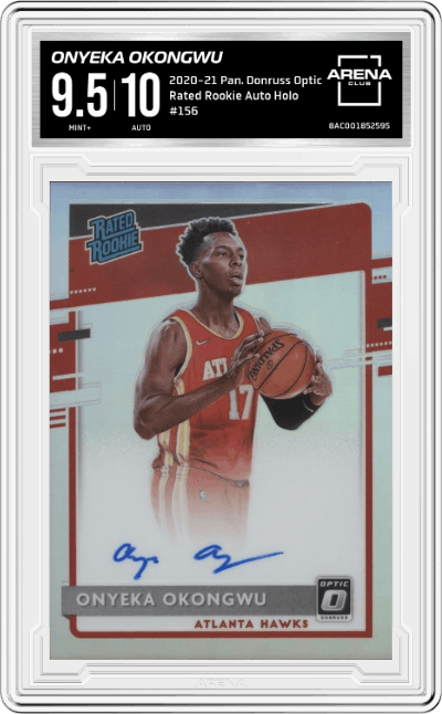 Onyeka Okongwu from the 2020-21 Panini Donruss Optic set featuring a Holo parallel graded by Arena Club and given an overall grade of 9.5.