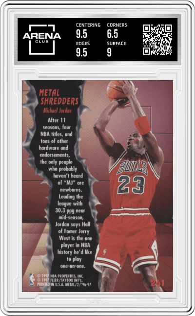 Michael Jordan from the 1996-97 Fleer Metal  set graded by Arena Club and given an overall grade of 7.