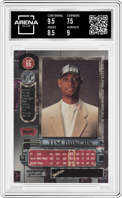 Tim Duncan from the 1997-98 Skybox Metal Universe set graded by Arena Club and given an overall grade of 8.