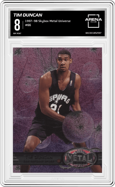 Tim Duncan from the 1997-98 Skybox Metal Universe set graded by Arena Club and given an overall grade of 8.