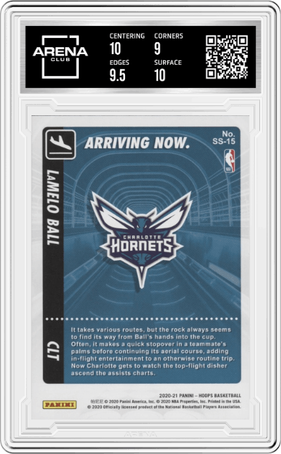 LaMelo Ball from the 2020-21 Panini NBA Hoops set graded by Arena Club and given an overall grade of 9.5.