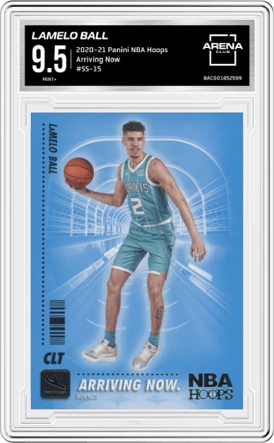 LaMelo Ball from the 2020-21 Panini NBA Hoops set graded by Arena Club and given an overall grade of 9.5.
