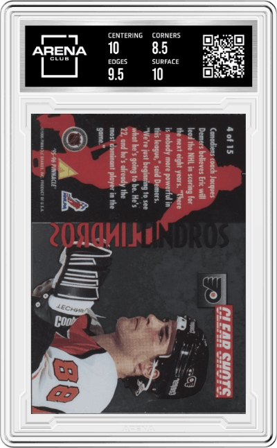 Eric Lindros from the 1995-96 Pinnacle  set graded by Arena Club and given an overall grade of 9.
