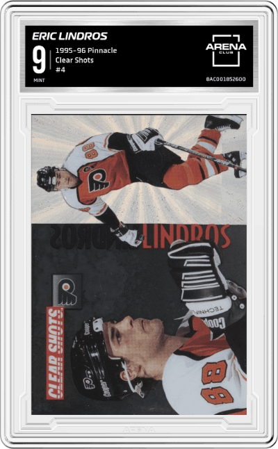 Eric Lindros from the 1995-96 Pinnacle  set graded by Arena Club and given an overall grade of 9.