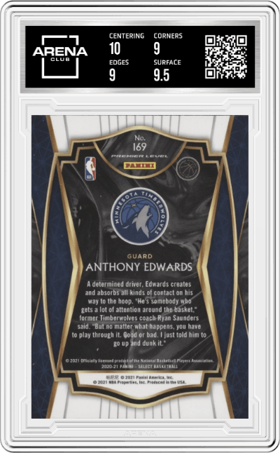 Anthony Edwards from the 2020-21 Panini Select  set graded by Arena Club and given an overall grade of 9.5.