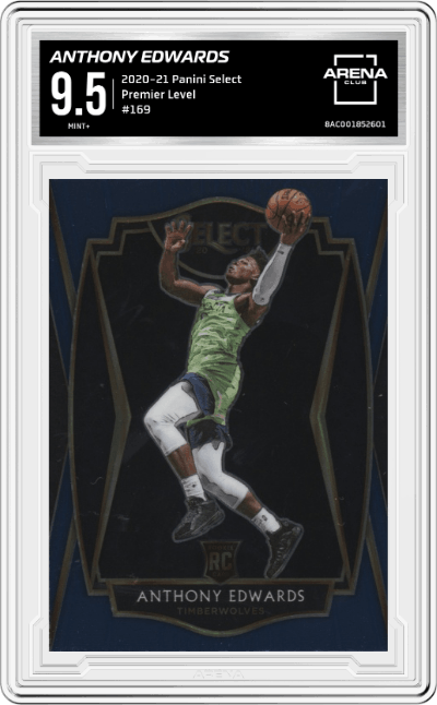 Anthony Edwards from the 2020-21 Panini Select  set graded by Arena Club and given an overall grade of 9.5.