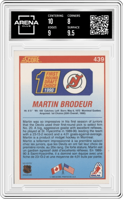 Martin Brodeur from the 1990-91 Score set graded by Arena Club and given an overall grade of 8.5.
