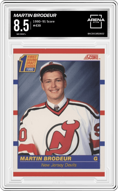 Martin Brodeur from the 1990-91 Score set graded by Arena Club and given an overall grade of 8.5.